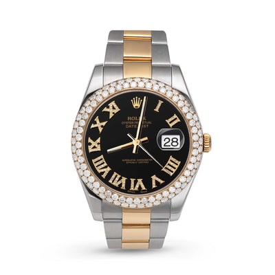 Rolex Datejust Diamond Bezel Oyster Watch 41mm Black Roman Dial | 5.25ct