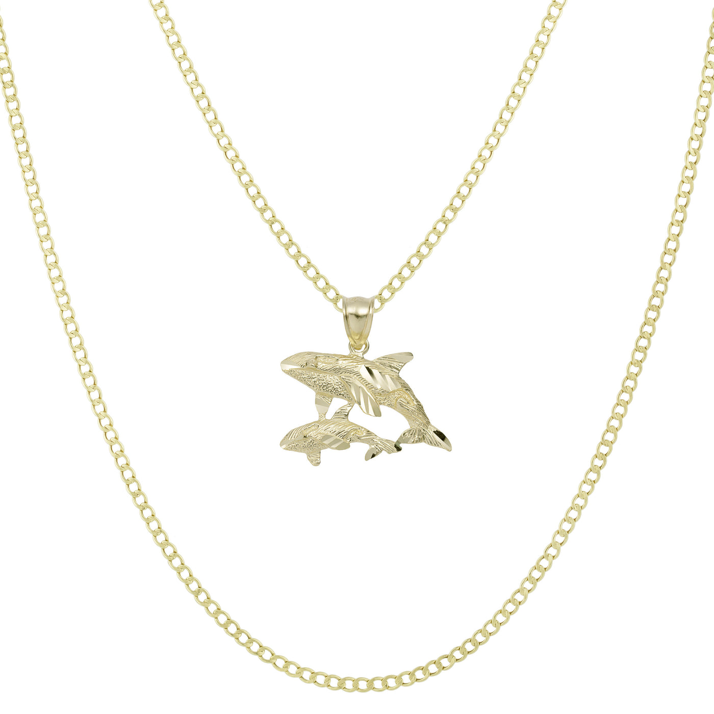 1" Diamond Cut Whale Pendant & Chain Necklace Set 10K Yellow Gold