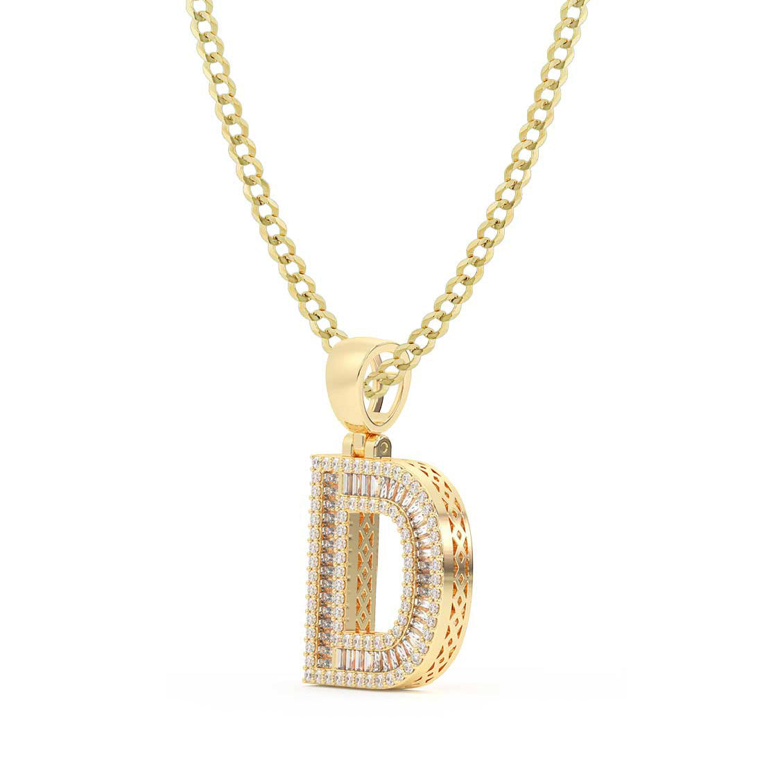 Women's Baguette & Round Cut Diamond "D" Initial Pendant Necklace 0.65ct 14K Gold