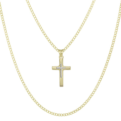 1 3/8" Diamond-Cut Cross Pendant & Chain Necklace Set 10K Yellow White Gold