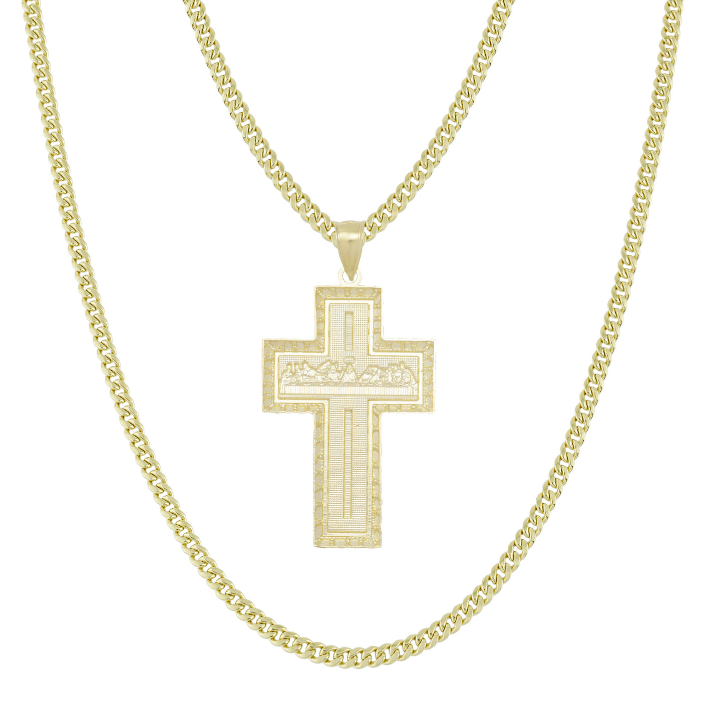 Last Supper Textured Cross Pendant & Chain Necklace Set 10K Yellow Gold