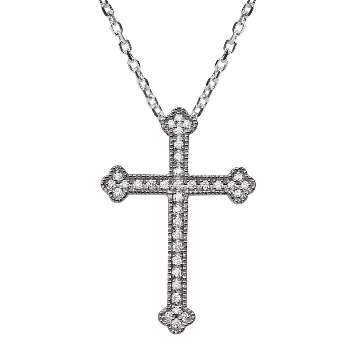 1" Budded Cross Round-Cut 0.20ct Diamond Pendant Necklace 14K Gold