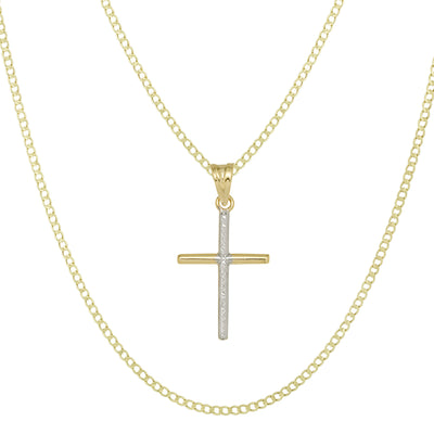 1 3/8" Diamond-Cut Cross Pendant & Chain Necklace Set 10K Yellow White Gold