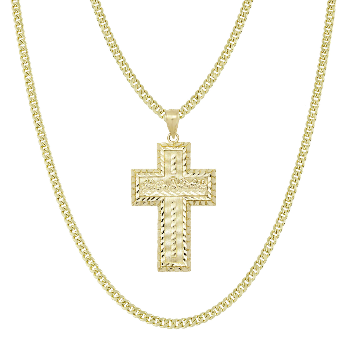 Last Supper Textured Cross Pendant & Chain Necklace Set 10K Yellow Gold
