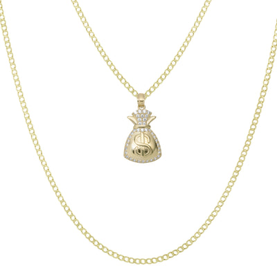 1" Money Bag CZ Pendant & Chain Necklace Set 10K Yellow Gold
