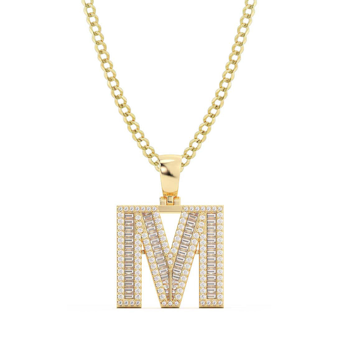 Baguette & Round Cut Diamond "M" Initial Pendant Necklace 0.84ct 14K Gold