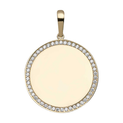 1 1/2" Plain Round Dog Tag CZ Pendant Solid 10K Yellow Gold
