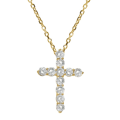 3/4" Cross Round-Cut 1.01ct Diamond Pendant Necklace 14K Gold
