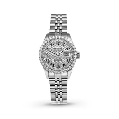 Women Rolex Datejust Diamond Bezel Watch 26mm Black Roman Silver Dial | 2.20ct