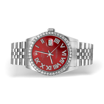 Rolex Datejust Diamond Bezel Watch 36mm Red Roman Numeral Dial | 1.25ct