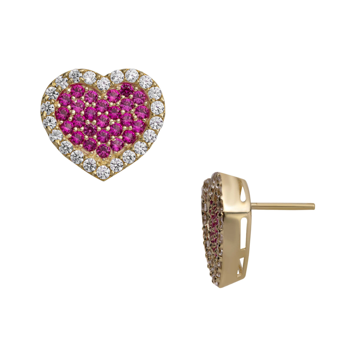 1/2" Women's CZ Pink Heart Stud Earrings 10K Yellow Gold