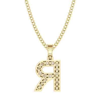 Women's Baguette & Round Cut Diamond "R" Initial Pendant Necklace 0.67ct 14K Gold