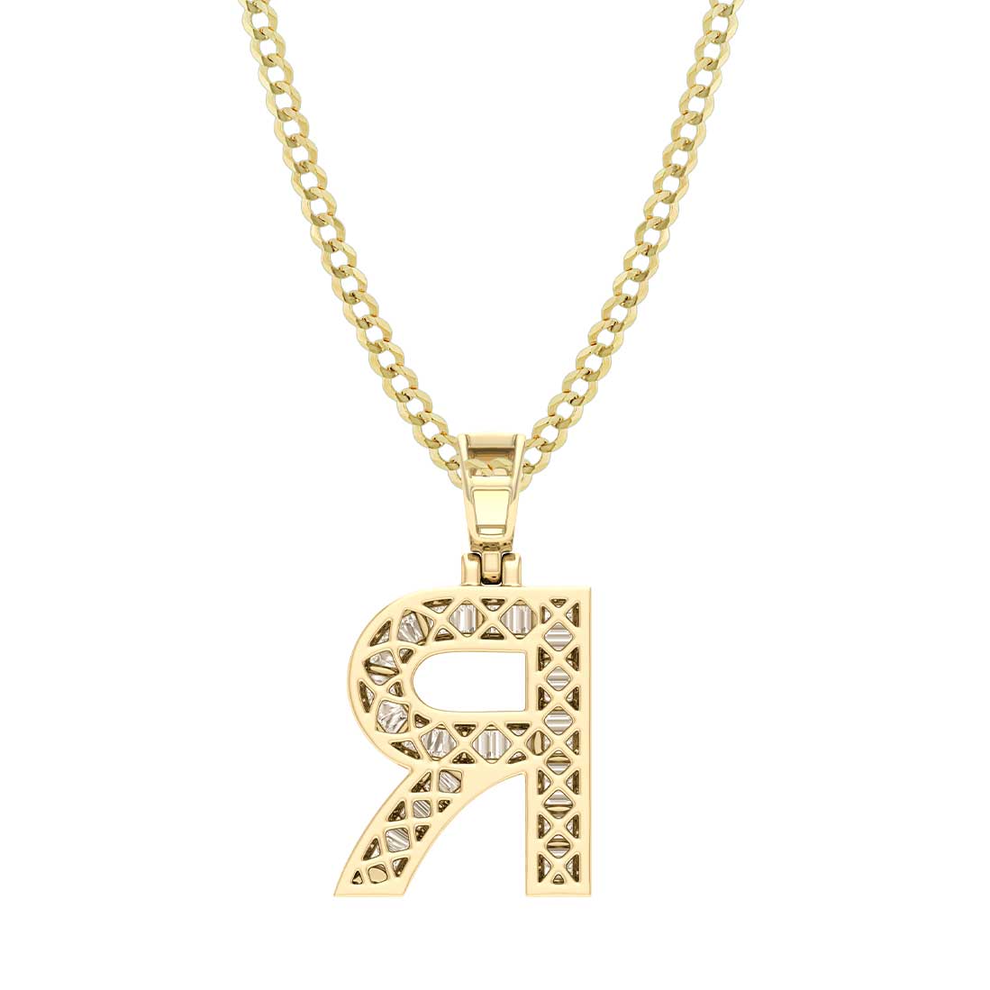 Baguette & Round Cut Diamond "R" Initial Pendant Necklace 0.67ct 14K Gold
