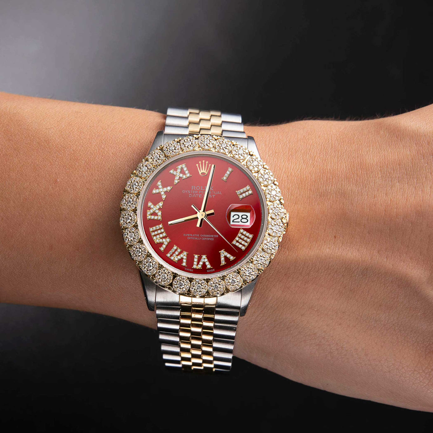 Rolex Datejust Diamond Bezel Watch 36mm Red Roman Numeral Dial | 2.25ct