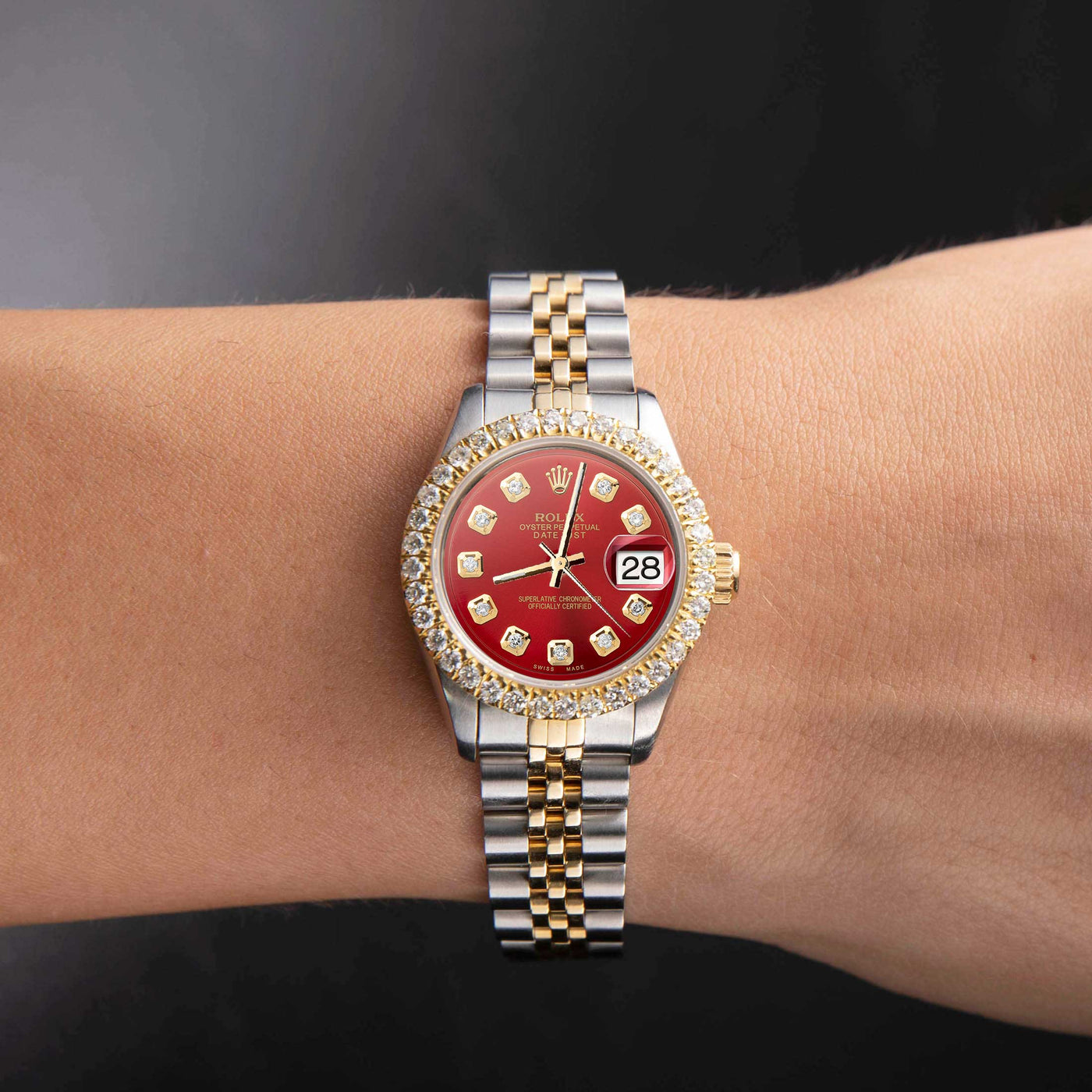 Women Rolex Datejust Diamond Bezel Watch 26mm Red Dial | 1.25ct
