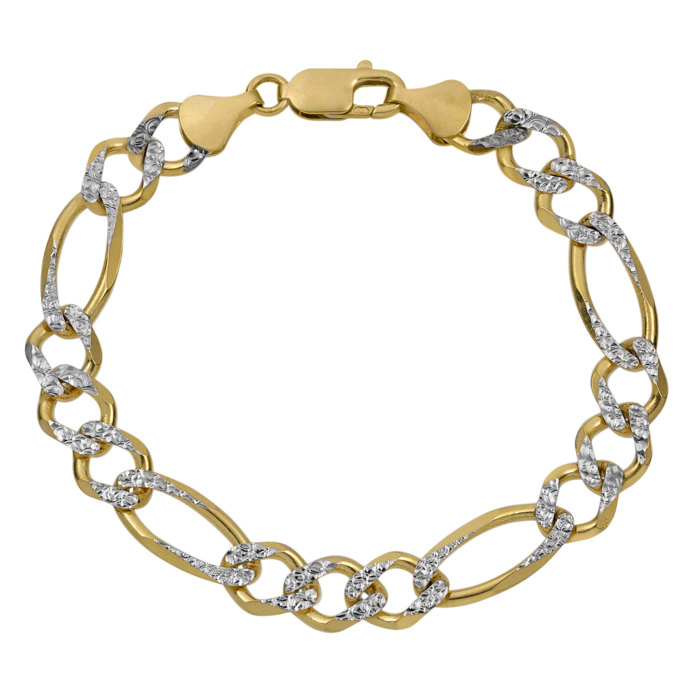 Pavé Figaro Link Bracelet 10K Yellow White Gold - Solid