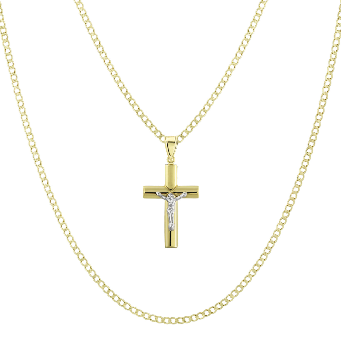 1 3/8" Jesus Crucifix Tube Cross Pendant & Chain Necklace Set 10K Yellow White Gold
