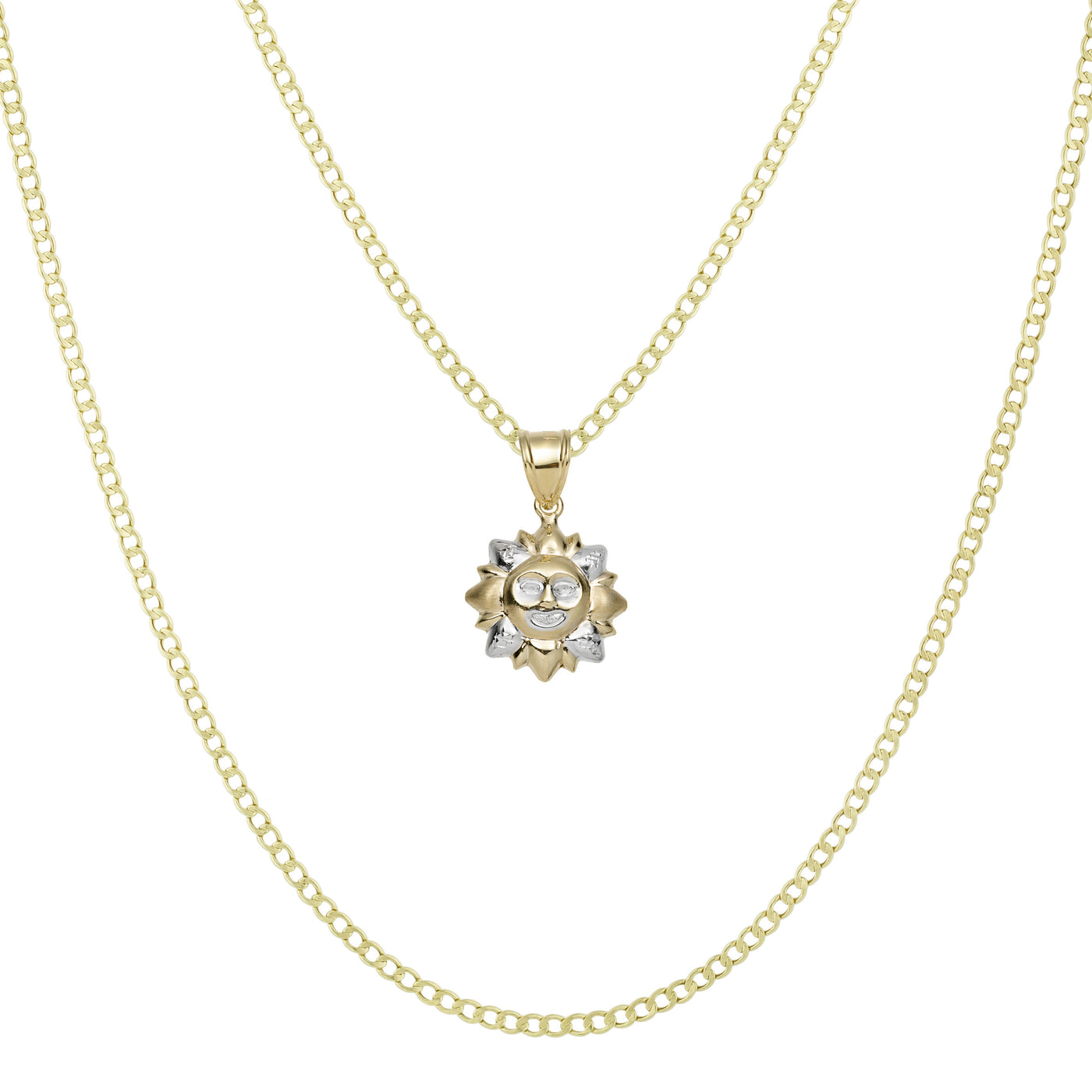 1 1/4" Sun Face Pendant & Chain Necklace Set 10K Yellow White Gold