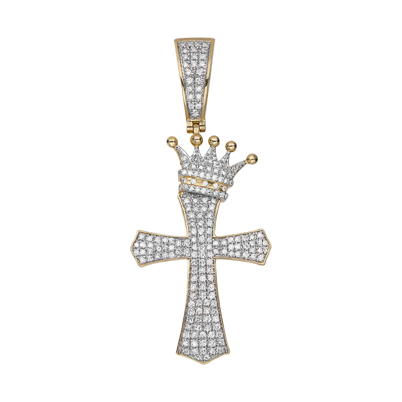 1 3/4" Diamond Slanted Cross with Crown Pendant 0.62ct 10K Yellow Gold