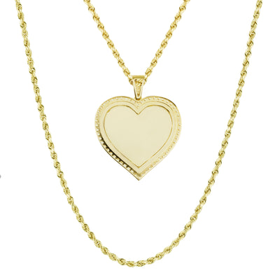 1 3/4" Heart Medallion Picture Frame Memory CZ Pendant & Chain Necklace Set 10K Yellow Gold