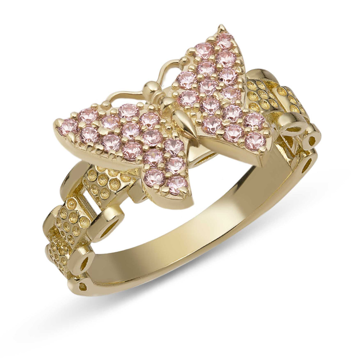 Women's Railroad Design Pink CZ Butterfly Ring 10K Yellow Gold