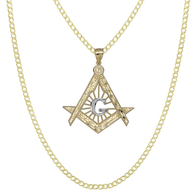 2 1/4" The Square and Compasses Masonic Pendant & Chain Necklace Set 10K Yellow White Gold