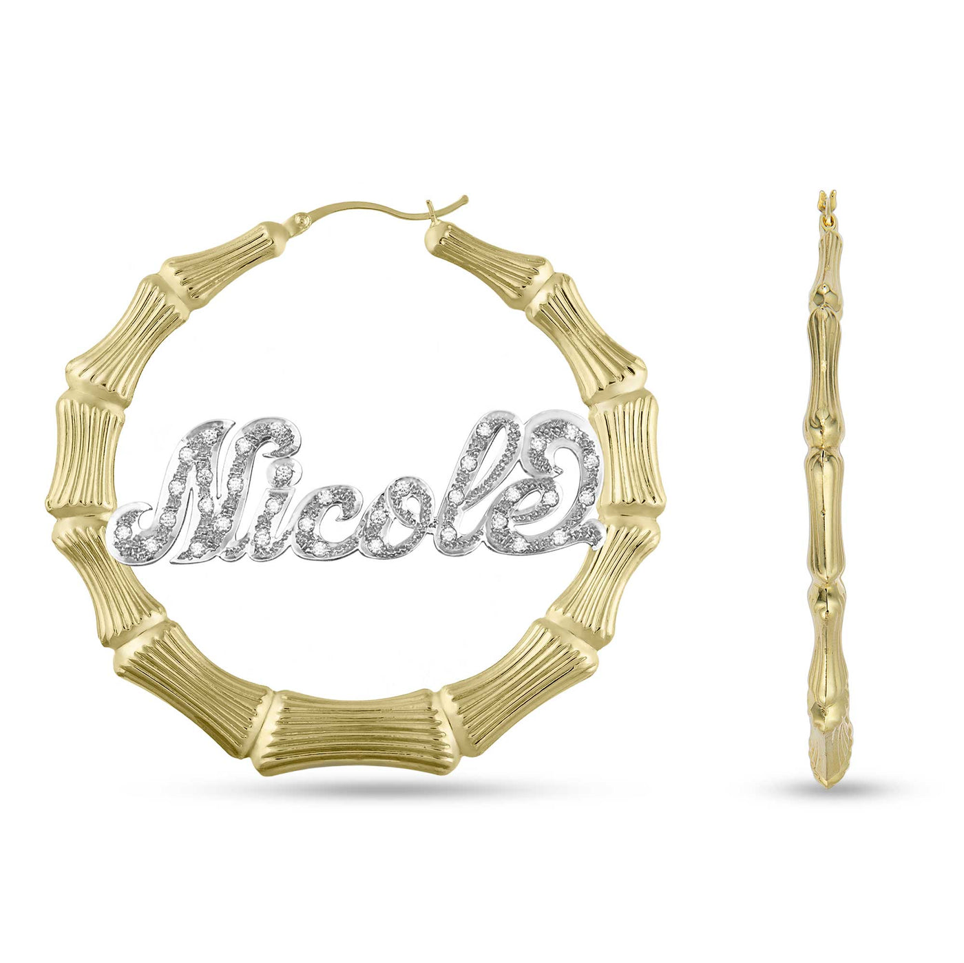Ladies Diamond Script Name Plate Bamboo Hoop Earrings 14K Gold - Style 45