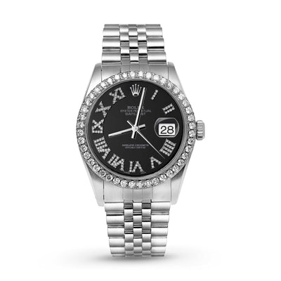Rolex Datejust Diamond Bezel Watch 36mm Bright Black Roman Dial | 1.25ct