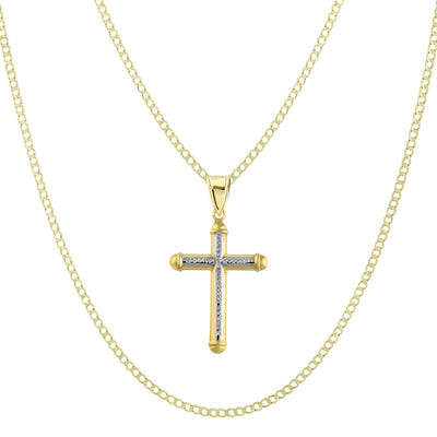 1 1/4" Diamond Cut Cross Tube Pendant & Chain Necklace Set 14K Yellow White Gold