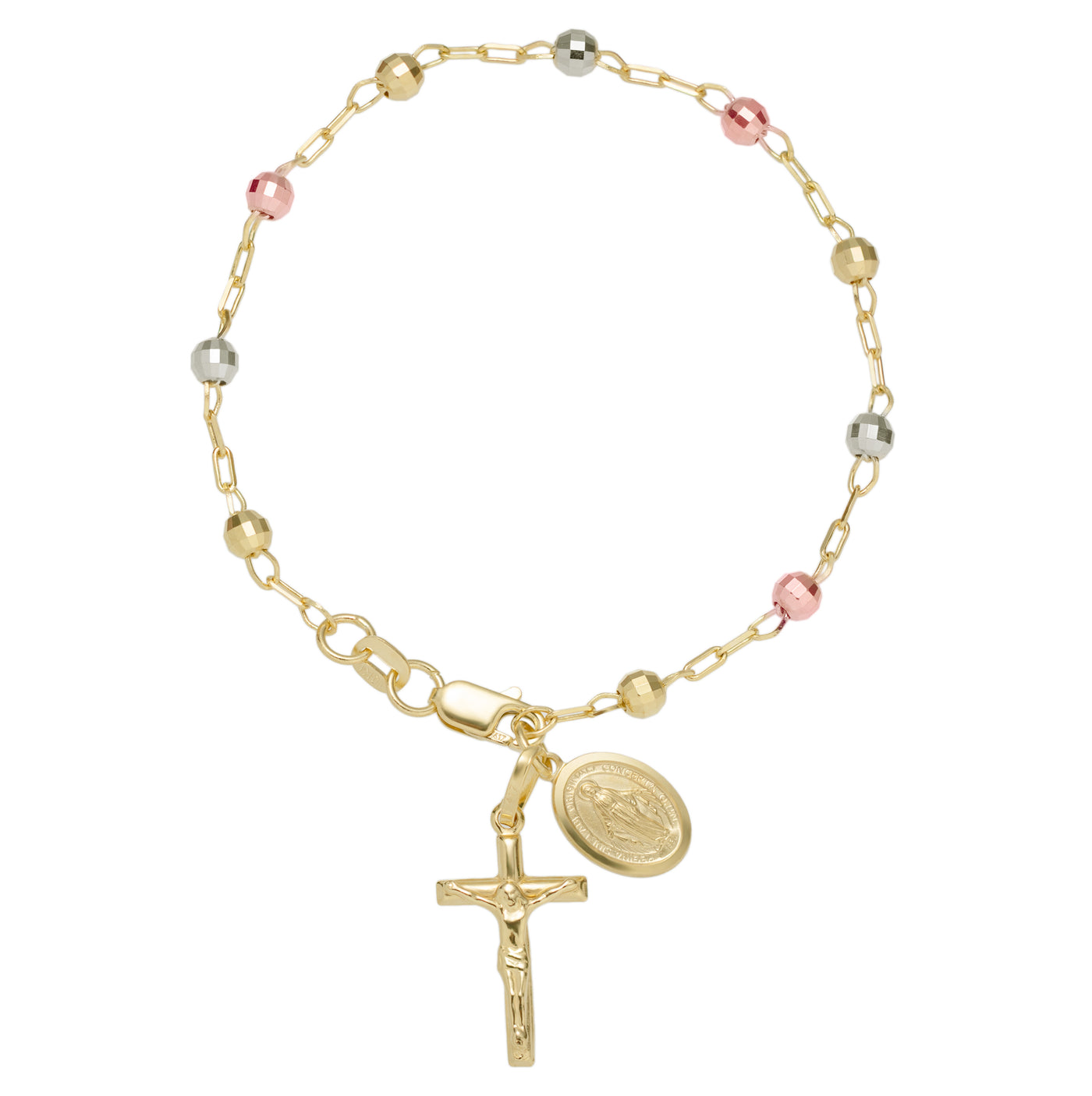 Textured Rosary Cross Virgin Mary Bracelet 10K Tri-Color Gold