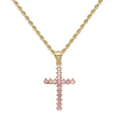 1 1/4" Pink CZ Cross Necklace 10K Yellow Gold