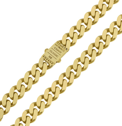 Monaco Chain Miami Cuban Link Chain Baguette CZ Lock Necklace 10K Yellow Gold - Hollow