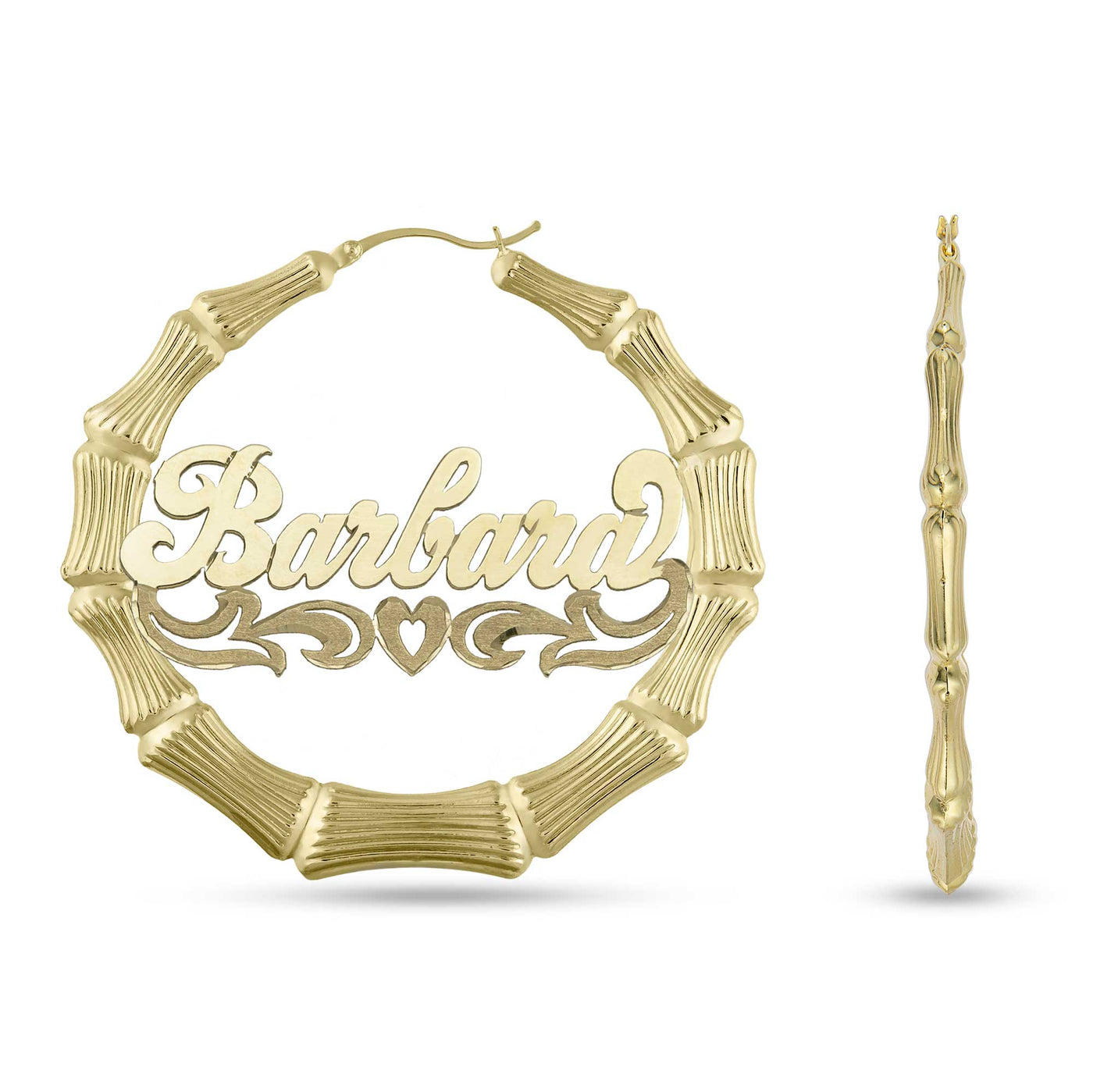 Ladies Script Name Plate Bamboo Hoop Earrings 14K Gold - Style 106