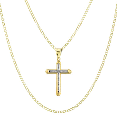 2 1/4" Diamond Cut Cross Tube Pendant & Chain Necklace Set 14K Yellow White Gold