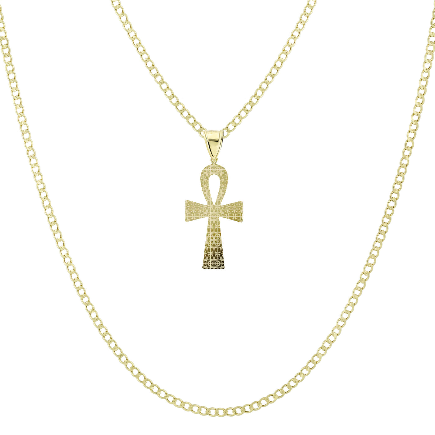 1 1/2" Diamond Cut Ankh Cross Pendant & Chain Necklace Set 14K Yellow Gold