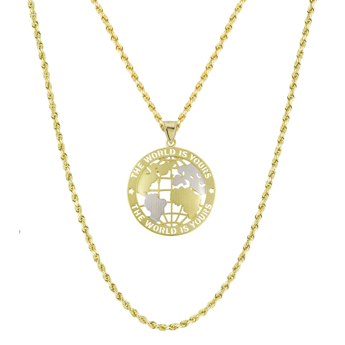 1 3/4" Two-Tone "The World is Yours" Pendant & Chain Necklace Set 10K Yellow White Gold