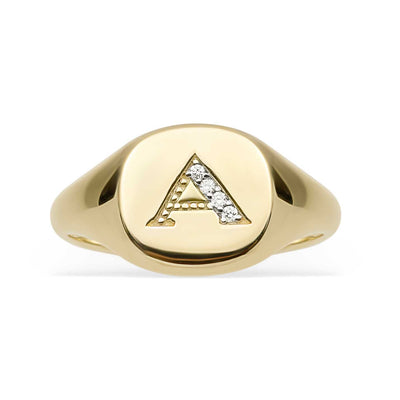 Women's Diamond "A" Initial Letter Signet Ring 0.02ct 14K Yellow Gold