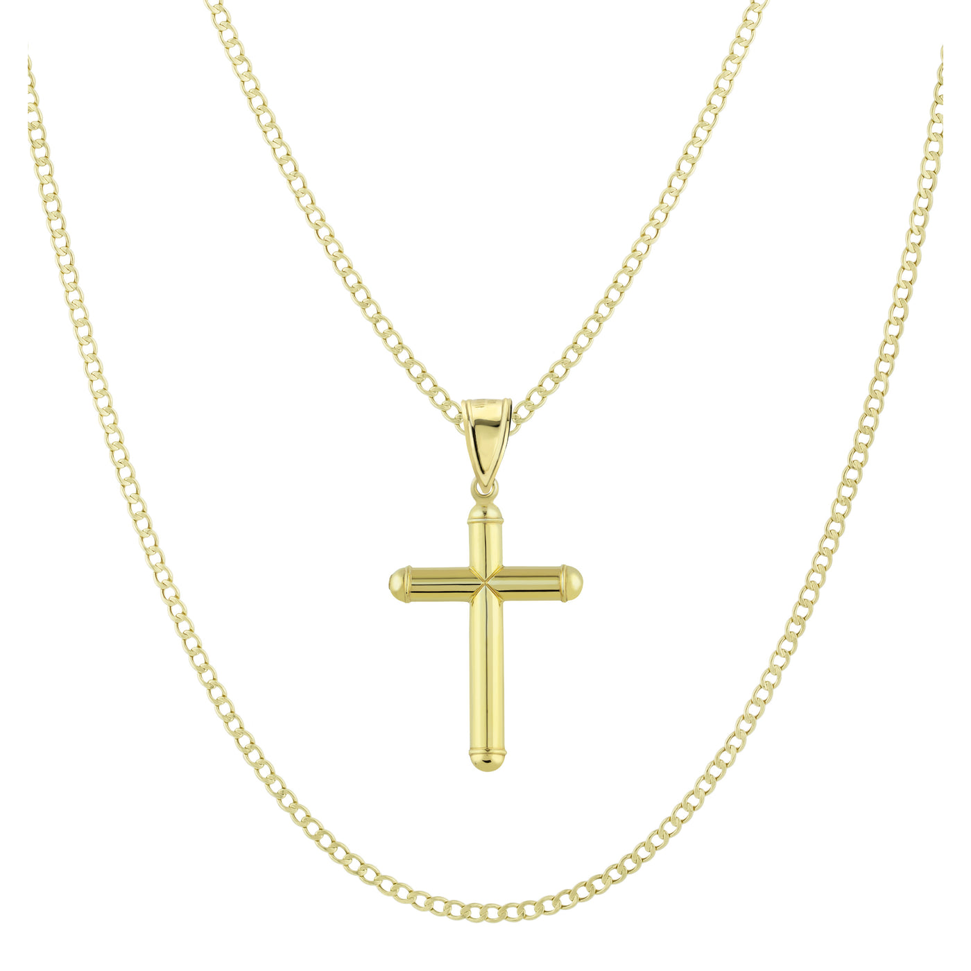 1 3/4" Diamond Cut Cross Tube Pendant & Chain Necklace Set 10K Yellow White Gold