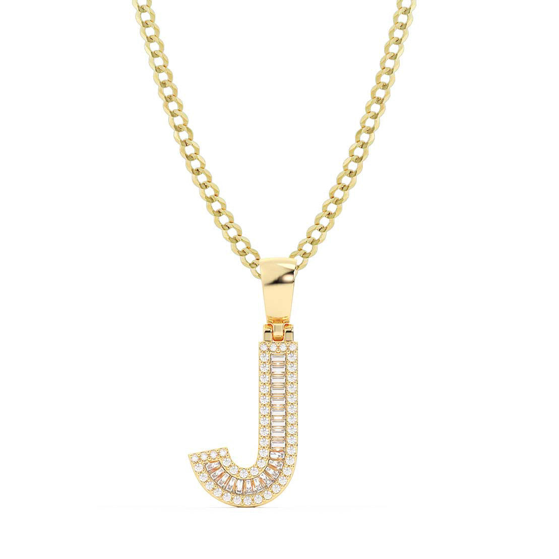 Women's Baguette & Round Cut Diamond "J" Initial Pendant Necklace 0.37ct 14K Gold