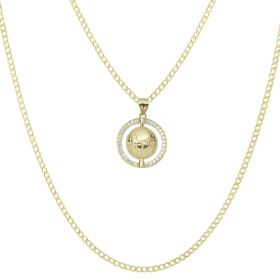1" World CZ Pendant & Chain Necklace Set 10K Yellow Gold