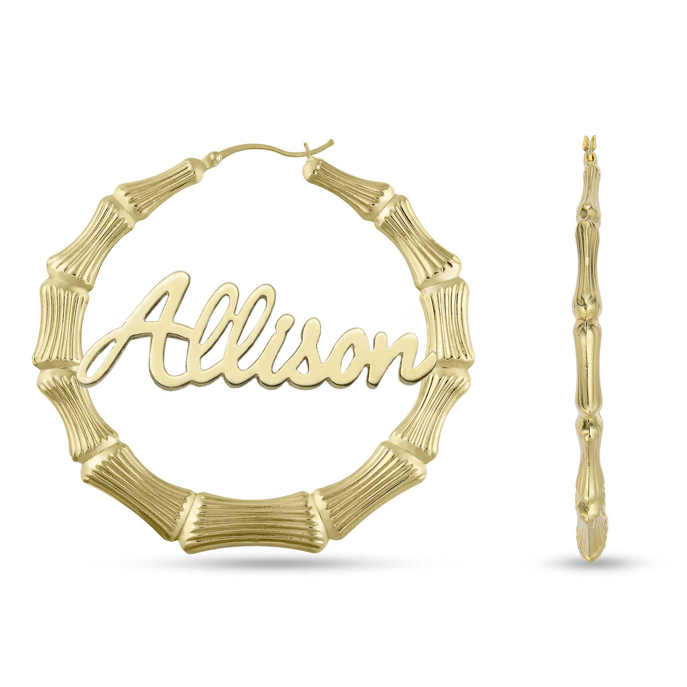 Ladies Script Name Plate Bamboo Hoop Earrings 14K Gold - Style 97