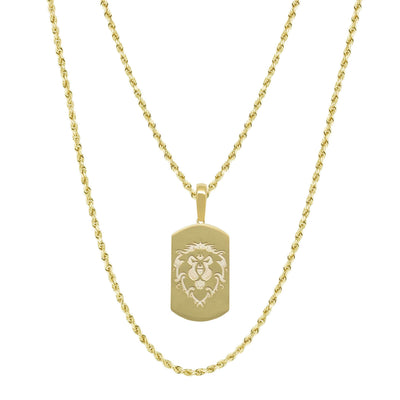 1 3/4" Dog Tag Lion Head Pendant & Chain Necklace Set 10K Yellow Gold
