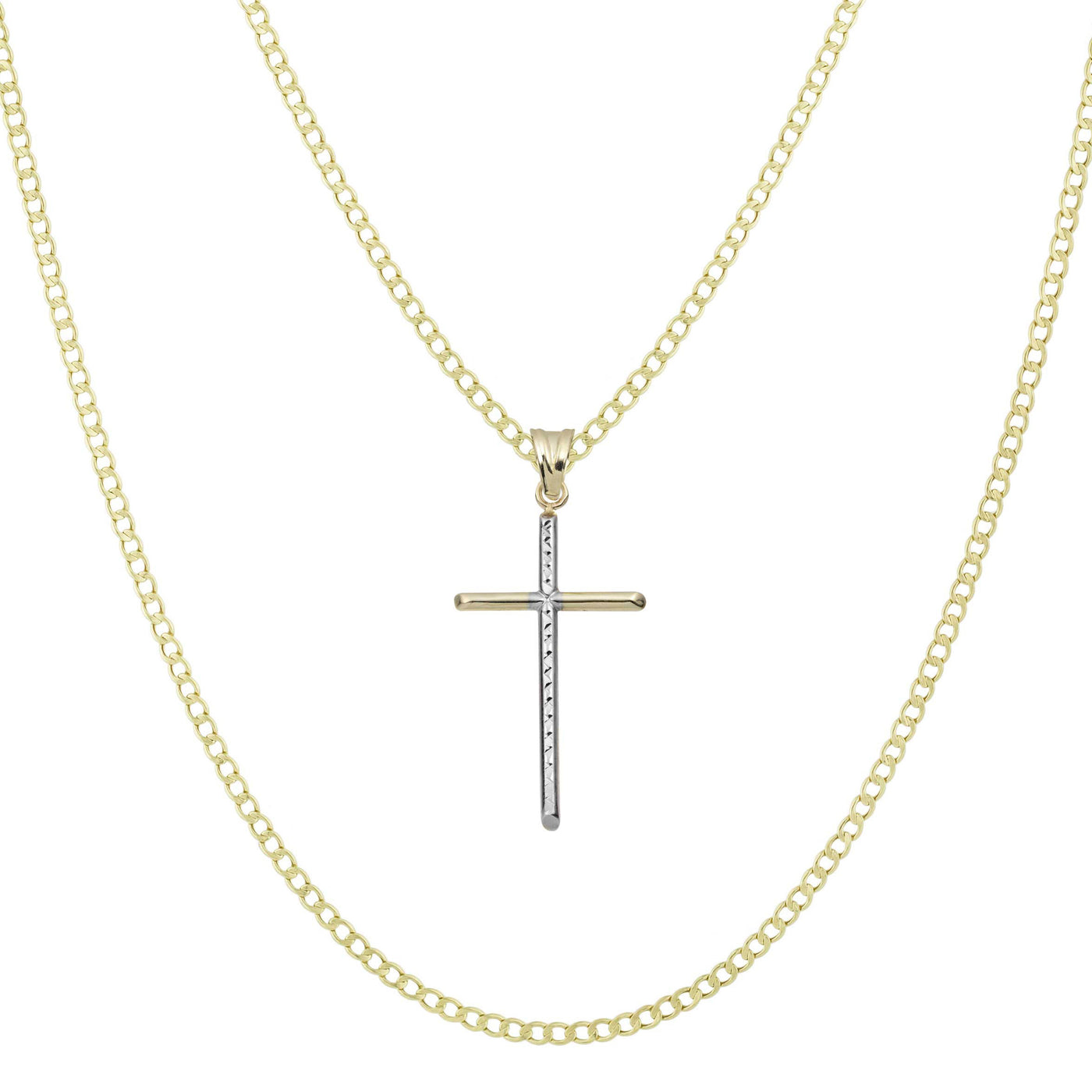 1 3/4" Diamond-Cut Thin Cross Pendant & Chain Necklace Set 10K Yellow White Gold