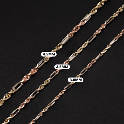 Women's Milano Figaro Rope Chain Necklace 14K Tri-Color Gold