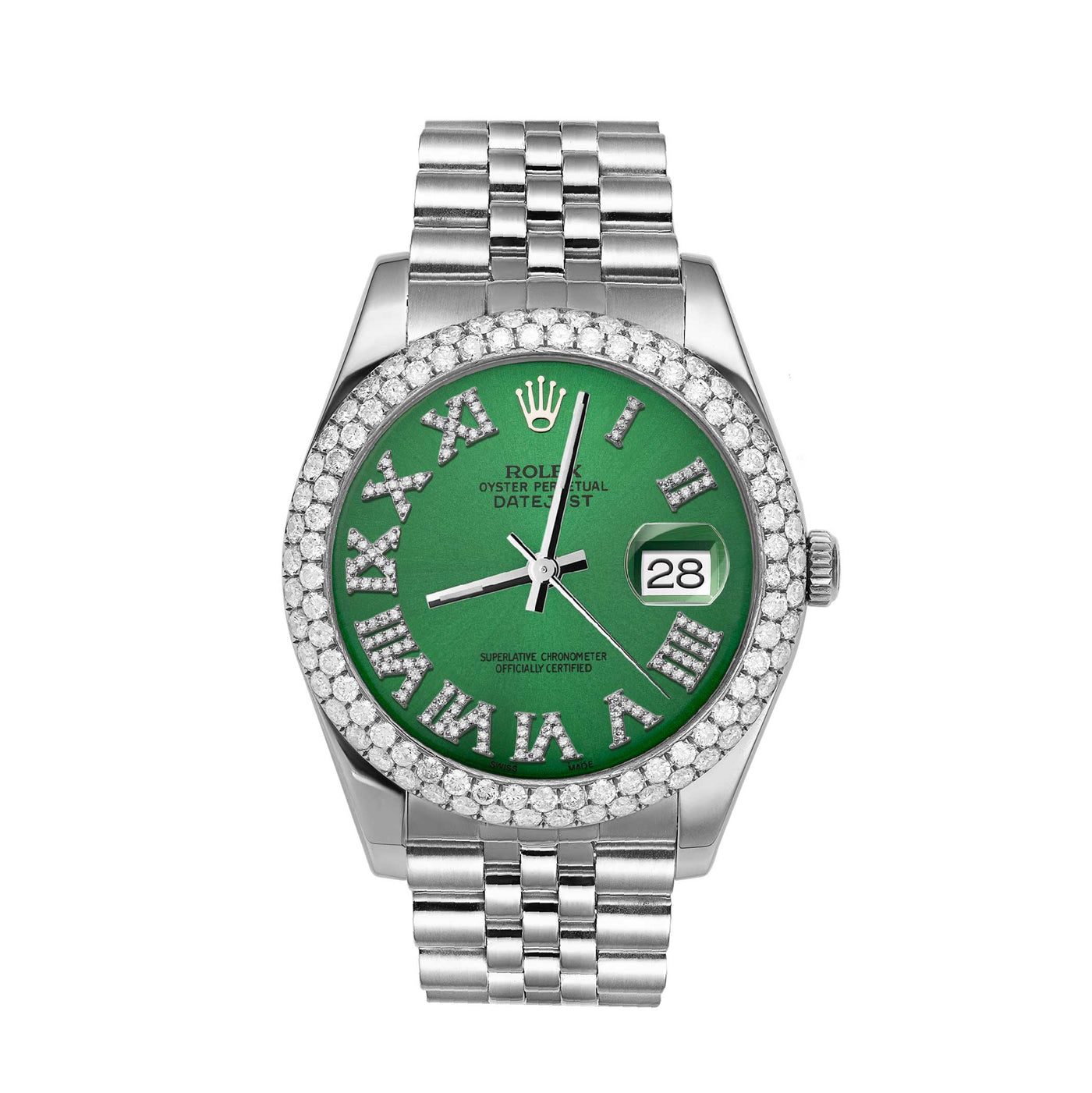 Rolex Datejust Diamond Bezel Watch 41mm Green Roman Dial | 5.25ct