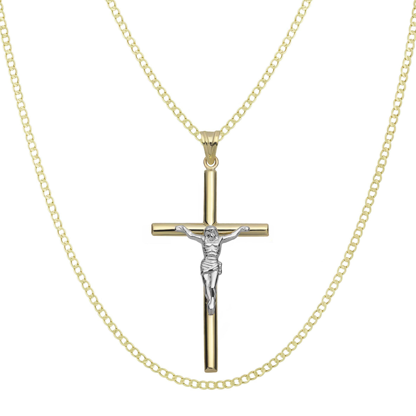 2 1/4" Jesus Cross Crucifix Pendant & Chain Necklace Set 14K Yellow White Gold