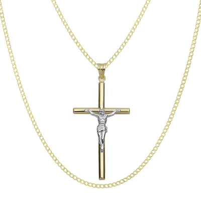 2 1/4" Jesus Cross Crucifix Pendant & Chain Necklace Set 14K Yellow White Gold