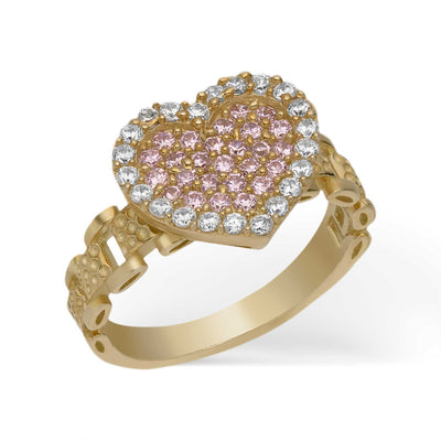 Women's CZ Pink Heart Ring 10K Yellow Gold