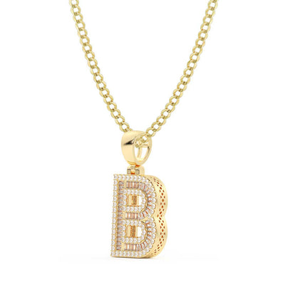 Baguette & Round Cut Diamond "B" Initial Pendant Necklace 0.62ct 14K Gold