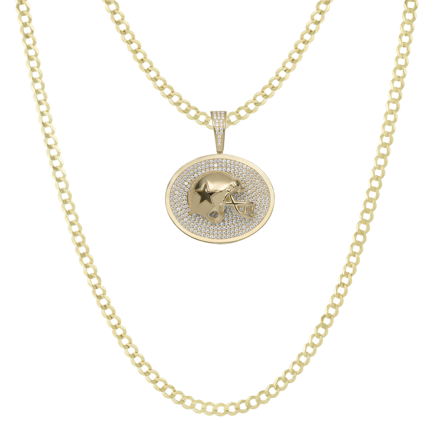 1 3/8" CZ Dallas Cowboys Helmet Medallion Pendant & Chain Necklace Set 10K Yellow Gold